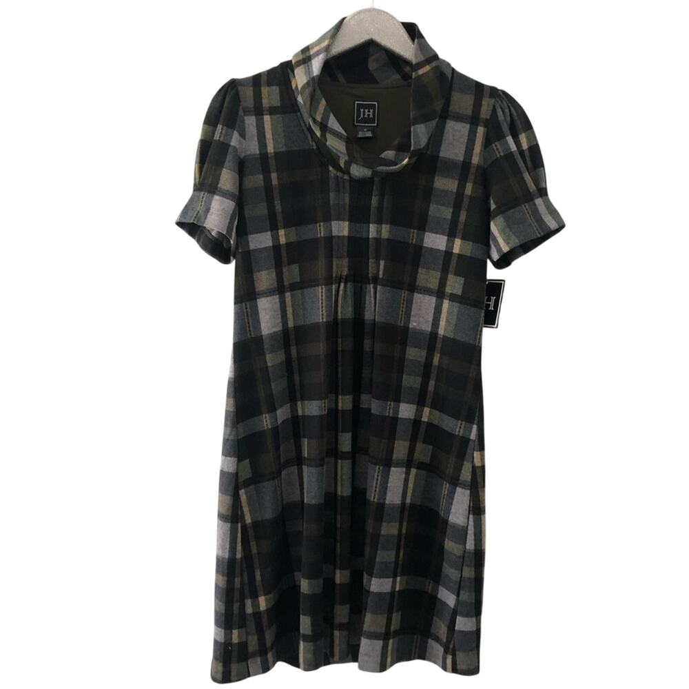 JH Green Plaid Cowl Neck Short Sleeve Dress NEW